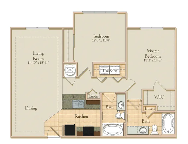 Charming apartment floor plan with 2 bedrooms, open living and dining area, modern kitchen, and two bathrooms. Includes laundry area and a walk-in closet.