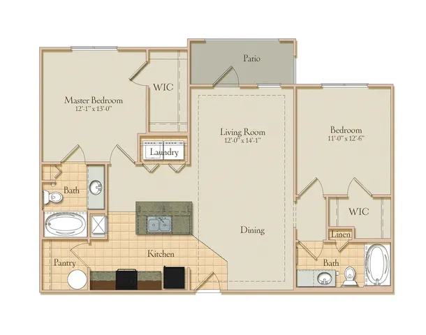 Modern floor plan features 2 bedrooms, open living and dining area, and a stylish kitchen with pantry, plus two bathrooms and a cozy patio.