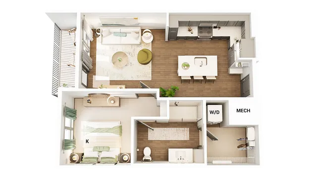 Chic floor plan highlighting a modern 1-bedroom apartment with open-concept living room, stylish kitchen, spacious bathroom, and balcony.