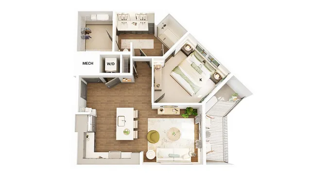 Contemporary 1 bedroom apartment floor plan showcasing an open-concept kitchen and living area with modern amenities, spacious balcony, and in-unit washer and dryer.