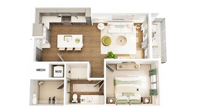 Modern 3D floor plan featuring a spacious open kitchen with island, cozy living room, large bedroom with elegant decor, and inviting balcony.