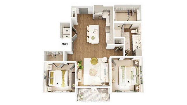 Modern 3D floor plan with two cozy bedrooms, stylish open kitchen, and elegant living area with balcony access.