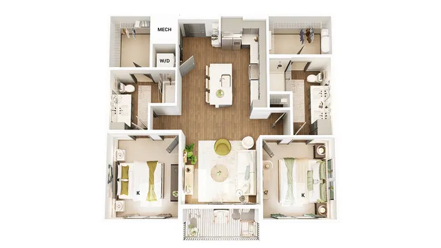 Modern 3D floor plan featuring two elegant bedrooms, spacious living area, functional kitchen with island, and two bathrooms. Includes a convenient washer/dryer space and mechanical room, offering a perfect blend of style and practicality.