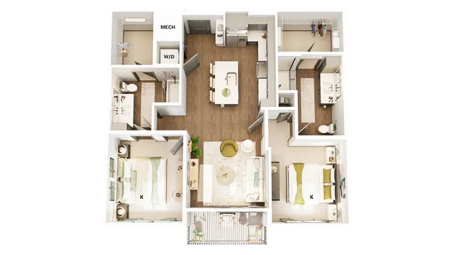 Elegant apartment floor plan showcasing two luxurious bedrooms, modern kitchen with island, spacious living area, and inviting balcony.