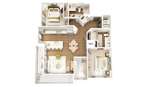 Contemporary 3D floor plan with two spacious bedrooms, modern kitchen, open living area, and balcony.