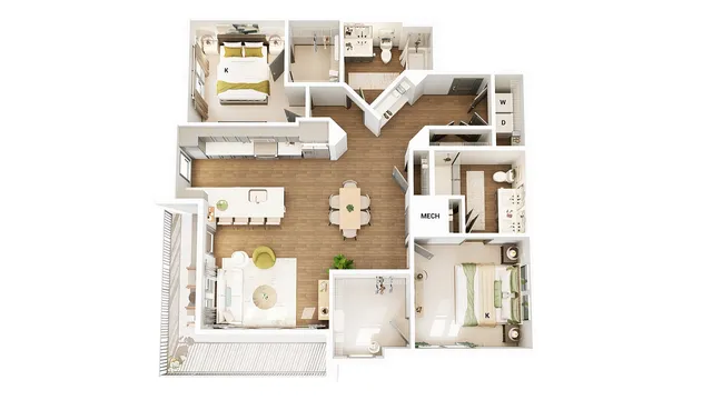 Elegant 3D floor plan showcasing 2 bedrooms, an open kitchen with island, spacious living area, private balcony, and two bathrooms. Perfectly designed for modern living.