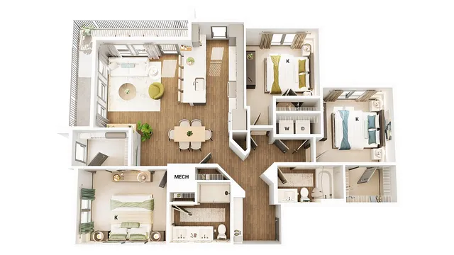 Elegant 3D floor plan featuring three bedrooms, a modern open-concept kitchen, cozy living area, and sleek dining space. Includes two bathrooms and a private balcony, designed for comfort and style.