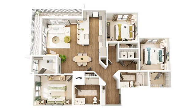 Bright and modern 3D floor plan featuring 3 bedrooms, an open-concept living and dining area, spacious kitchen, and two stylish bathrooms.