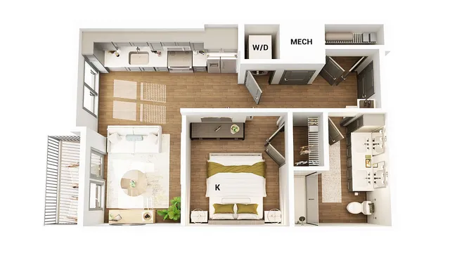 Contemporary 3D floor plan featuring a cozy bedroom, open-plan kitchen, and living area with abundant natural light.