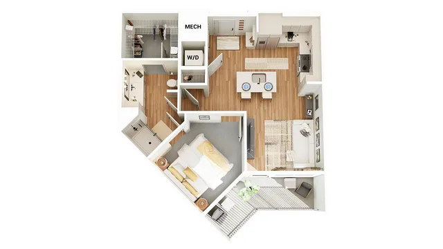 Elegant 2D floor plan showcasing a modern one-bedroom apartment with open-concept kitchen and living area, cozy bedroom, and spacious balcony.
