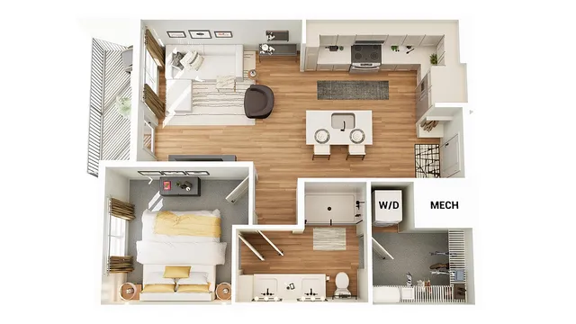 Stylish 3D floor plan showcasing a modern apartment with 2 bedrooms, open-concept living and dining area, sleek kitchen, and a balcony for outdoor leisure.