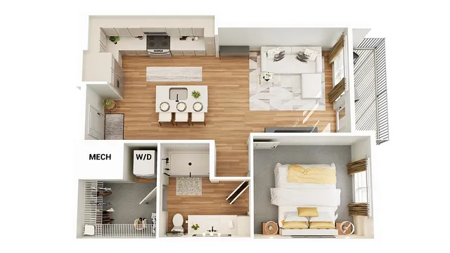 Modern 2D floor plan showcasing a one-bedroom apartment with an open-concept kitchen and living area, stylish bathroom, and practical laundry space, featuring sleek wooden flooring.