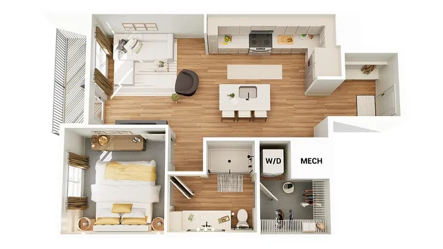 Modern 3D floor plan with 2 spacious bedrooms, sleek kitchen with island, and cozy living area, featuring ample natural light.