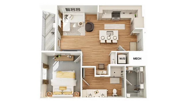 Chic 3D floor plan showcasing 2 bedrooms, an open living area, modern kitchen, and spacious balcony.