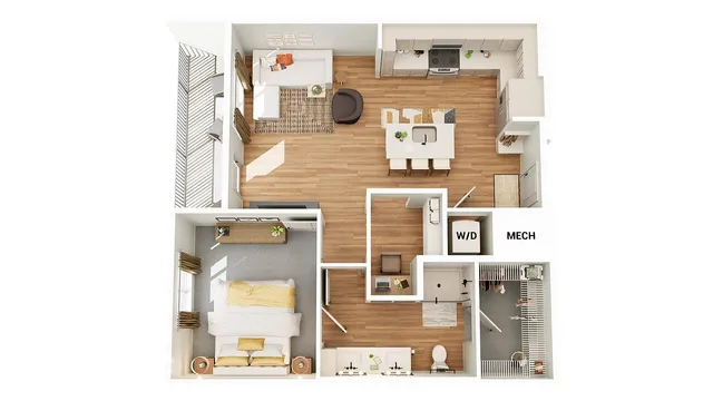 Modern open-plan apartment layout featuring a spacious living area, sleek kitchen with island, private bedroom, and balcony for outdoor relaxation.