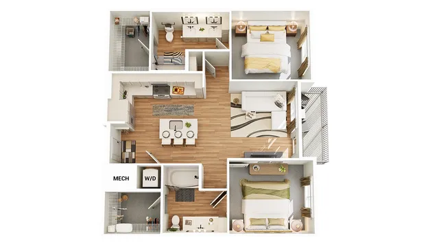 Modern 3D floor plan showcasing 2 bedrooms, 2 bathrooms, an open kitchen with island, and a cozy living area.