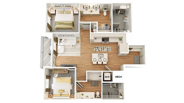 Contemporary apartment floor plan with 2 bedrooms, open living space, modern kitchen, and stylish bathrooms.
