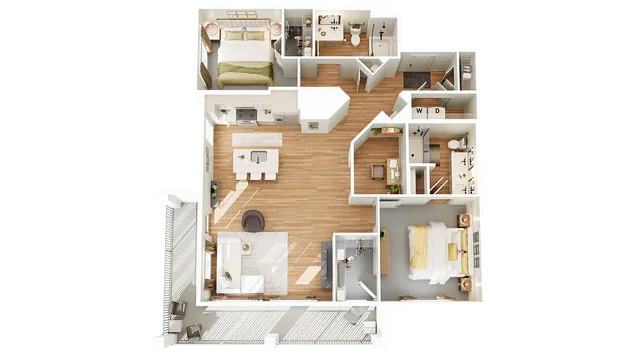 Modern 3D apartment floor plan showcasing 2 bedrooms, 2 bathrooms, an open kitchen, and spacious living area with balcony access.