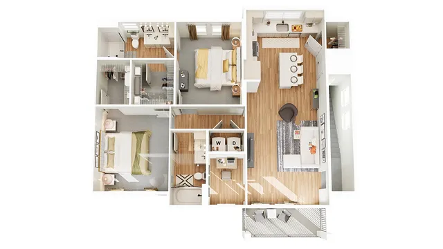 Chic 3D apartment floor plan showcasing 2 stylish bedrooms, modern kitchen, open living area, and inviting balcony.