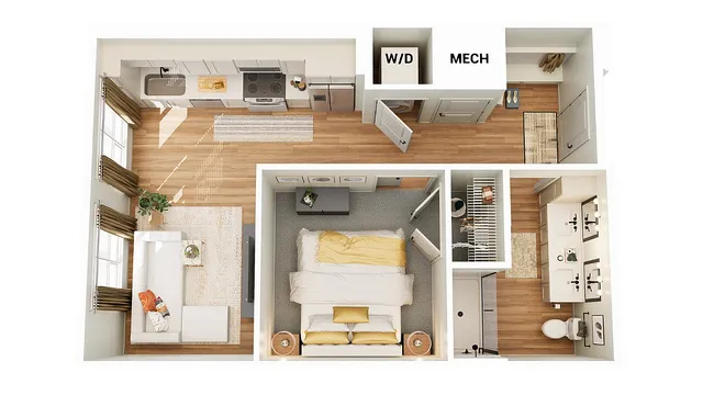 Charming 3D floor plan showcasing a one-bedroom apartment with a cozy living area, modern kitchen, and a sleek bathroom. Features include in-unit washer/dryer, stylish wood flooring, and ample closet space.