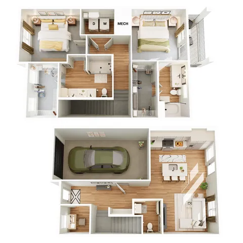 Modern two-story floor plan showcasing 2 bedrooms, 2 bathrooms, a stylish kitchen, inviting living area, and convenient garage space.