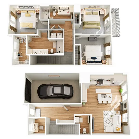 Modern two-level floor plan featuring 3 spacious bedrooms, 2 stylish bathrooms, an open-concept kitchen and living area, and a sleek garage, perfect for convenient urban living.