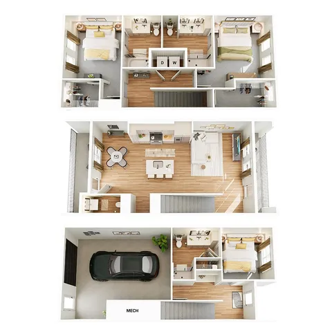 Modern 3D floor plan showcasing 3 bedrooms, an open-concept living room, elegant kitchen, and private garage.