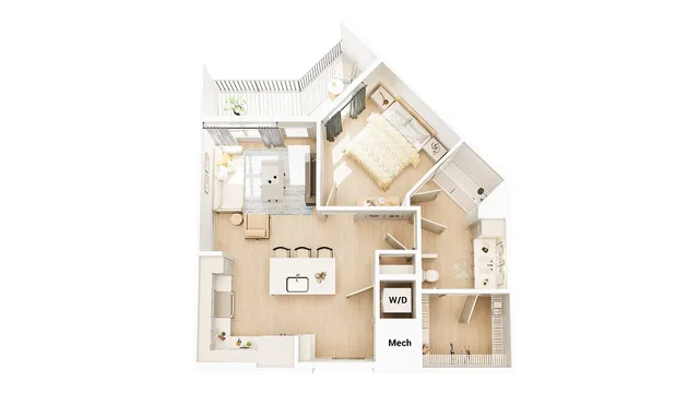 Modern 1-bedroom apartment floor plan with open-concept living and dining area, spacious kitchen, and private balcony.