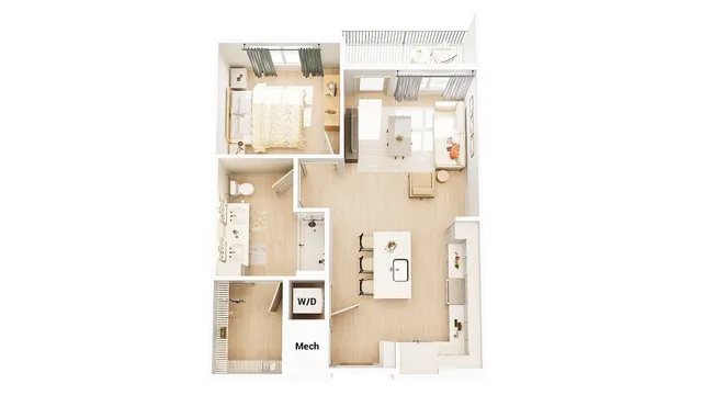 Elegant 3D floor plan showcasing a modern one-bedroom apartment with open living space, sleek kitchen, and cozy balcony.