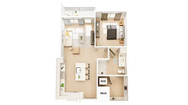 Modern 1-bedroom apartment floor plan featuring an open-concept living area, sleek kitchen island, and private balcony access.