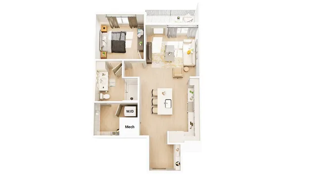 Modern 2D floor plan featuring a cozy bedroom, elegant bathroom, and an open kitchen with dining area, leading to a spacious living room with balcony access.