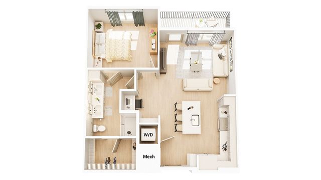 Modern floor plan featuring one bedroom, spacious bathroom, and open living area with kitchen island, highlighted by elegant flooring and natural light from large windows.