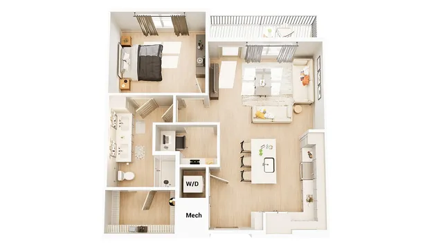 Modern open-concept 3D floor plan with a cozy bedroom, spacious living area, sleek kitchen with island, elegant bathroom, and balcony.