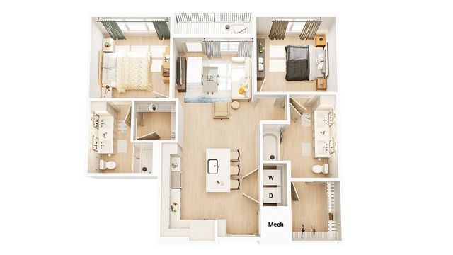 Elegant 3D floor plan of a modern apartment featuring two spacious bedrooms, an inviting open-concept living area, and a sleek kitchen island. Includes two luxurious bathrooms and a balcony for added charm.