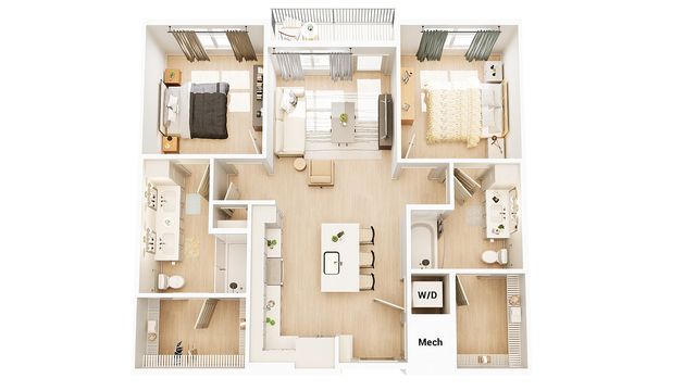 Elegant 3D floor plan showcasing a chic 2-bedroom apartment with an open-concept living room, modern kitchen island, and two stylish bathrooms.