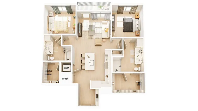 Contemporary 3D floor plan showcasing 2 bedrooms, 2 bathrooms, an open living area, and a modern kitchen with island seating. Features a sleek design and functional layout.