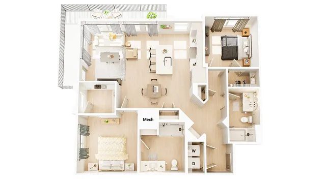 Elegant floor plan showcasing 2 bedrooms, modern kitchen with island, cozy living room, and spacious balcony.