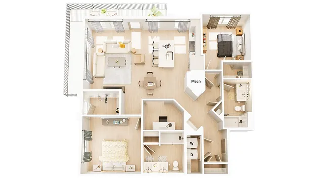 Modern open-concept floor plan featuring two spacious bedrooms, a cozy living area, sleek kitchen island, dining space, and dual bathrooms with contemporary design.