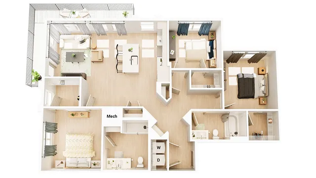 Beautiful 3D floor plan showcasing 2 spacious bedrooms, an open-concept kitchen with a dining area, and a cozy living room leading to a large balcony. The layout includes modern amenities, a chic workspace, and ample natural light.