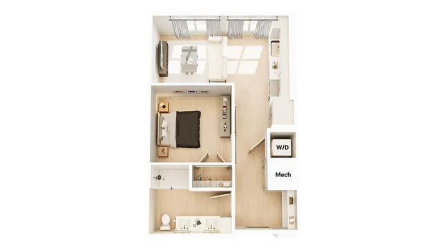 Modern 1-bedroom apartment floor plan with an open living area, sleek kitchen, and convenient in-unit washer/dryer.