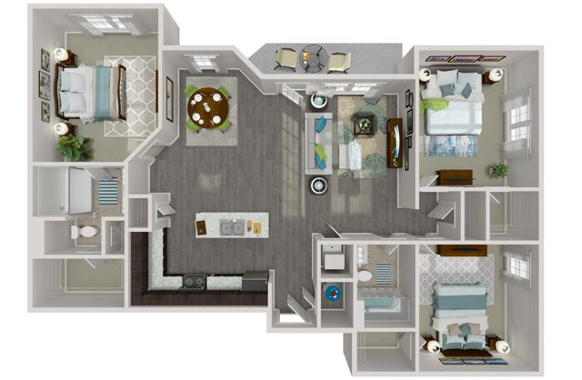 Contemporary 3D floor plan featuring three spacious bedrooms, an open-concept living room, modern kitchen with island, and a cozy dining area. Includes two well-appointed bathrooms and a private balcony for outdoor relaxation.
