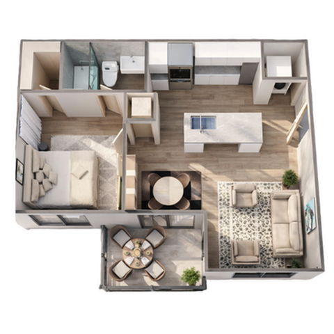 Modern 3D floor plan showcasing a cozy bedroom, elegant bathroom, contemporary kitchen with island, and inviting living area with stylish furniture.