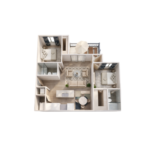 Chic 3D apartment floor plan showcasing two cozy bedrooms, an inviting open living area with stylish decor, a modern kitchen, and a charming balcony for outdoor relaxation.