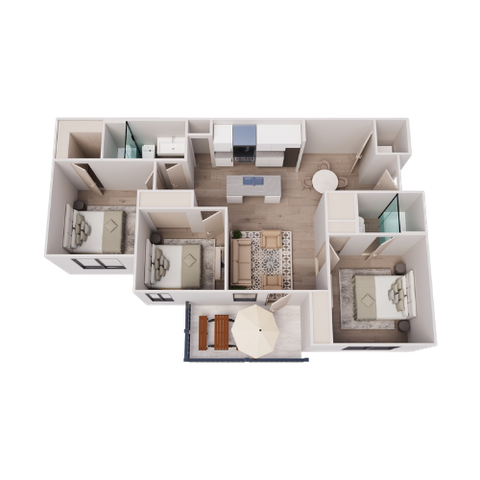 Modern 3D floor plan showcasing 3 bedrooms, an elegant open-plan living and dining area, with a sleek kitchen design.