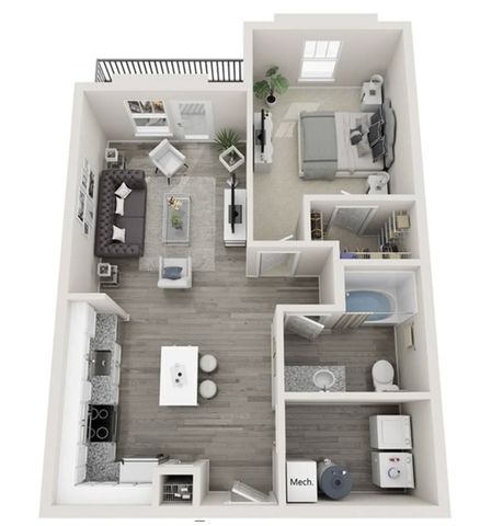 Modern 1-bedroom apartment floor plan with open-concept living area, sleek kitchen, cozy bedroom, stylish bathroom, and balcony access.