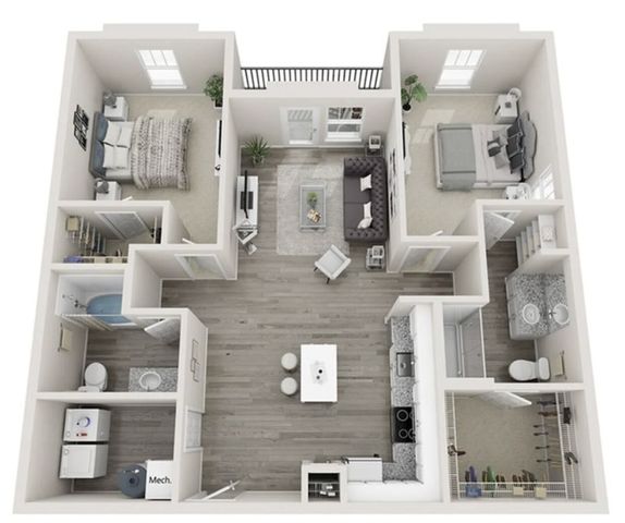 Charming 3D floor plan featuring 2 bedrooms, a contemporary open-concept kitchen and living area, along with two stylish bathrooms.