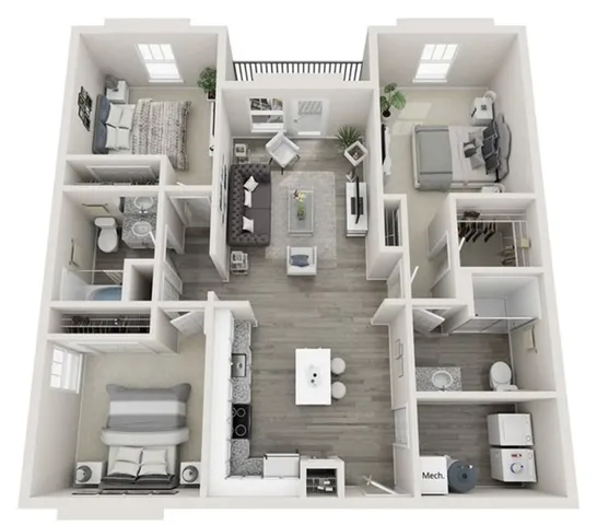 Modern 3D apartment floor plan showcasing 3 spacious bedrooms, open-concept living and dining area, sleek kitchen with island, and two elegant bathrooms.