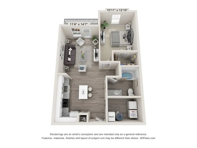 Modern 3D floor plan showcasing a cozy one-bedroom apartment with an open-concept living area, stylish kitchen, and spacious balcony.