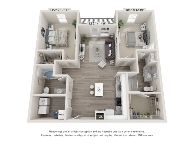Modern 3D apartment floor plan featuring two spacious bedrooms, open-concept living area, sleek kitchen, and two elegant bathrooms.