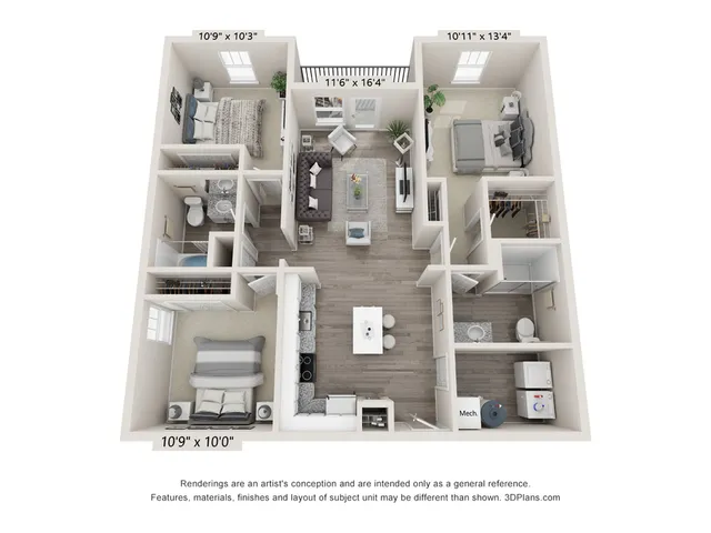 Elegant 3D floor plan showcasing 3 bedrooms, open living area, modern kitchen with island, and two bathrooms, ideal for comfortable living.